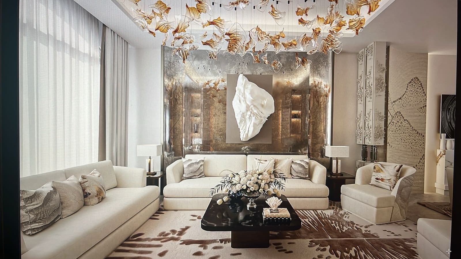 Luxury living room with bespoke furniture and decorative wall details